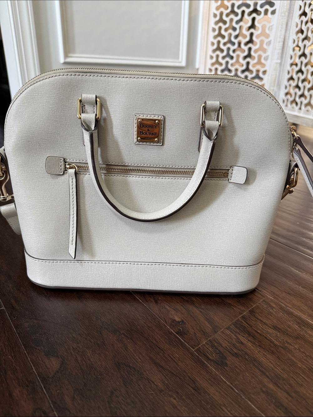 Dooney & Bourke Saffiano Leather Satchel Crossbody Ivory Taupe Gold Hardware - Picture 3 of 15